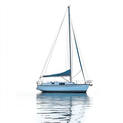 Light blue sailboat on calm water, reflected perfectly