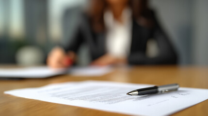 Business Contract Document – Pen on Wooden Desk with Blurred Female Executive Working