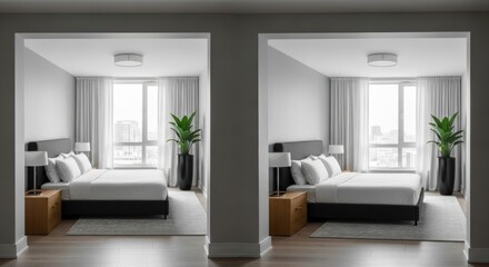 Modern Hotel Suite Bedroom with City View and Minimalist Design