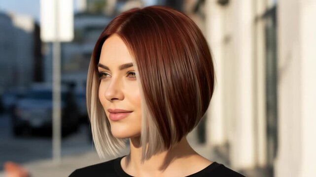 Stylish woman with auburn bob and blonde highlights looks off into the distance.