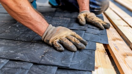 Worker Hands Installing Dark Roof Shingles on Wooden Structure