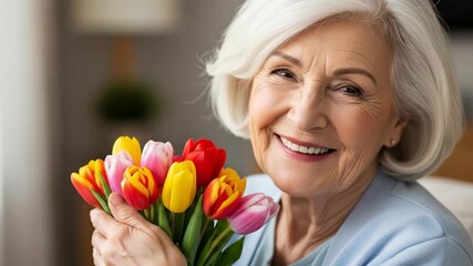 Happy senior woman holding a colorful bouquet of tulips, smiling indoors.