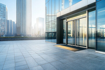 Modern Cityscape: Glass Building Entrance with Reflected Skyscrapers and Tiled Plaza