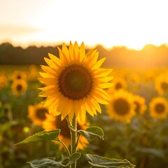 Obraz premium Golden sunflower field at sunset