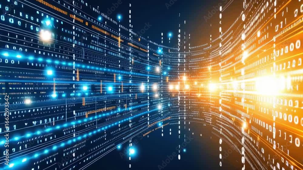 Poster vibrant digital corridor glowing binary code representing data flow and technology in futuristic atm