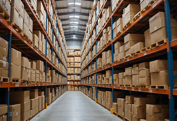 Large warehouse interior with tall shelves stacked with shipping boxes