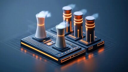 Fantistic Frontiers Concept. Innovative 3D Illustration of Futuristic Power Plant with Cooling Towers and Energy Generation