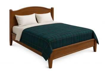 Wooden bed featuring white pillows, green plaid blanket resting on transparent backdrop, highlighting minimalist bedroom design elements