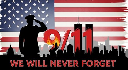 A solemn tribute honoring the spirit of resilience and remembrance for a significant national day, featuring patriotic American symbols and a silhouetted figure of service