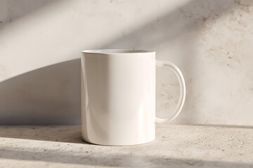 Obraz premium A single, perfect, clean white coffee mug on a natural stone surface, soft, minimalist aesthetic, with a large, clean empty space for text, bright natural daylight from the side, clean studio 