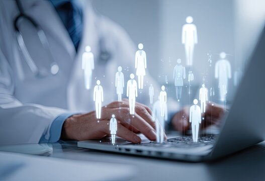 Doctor using laptop with projected people icons