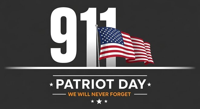 A solemn tribute banner for a national day of remembrance, featuring the American flag and the message to never forget on a gray background