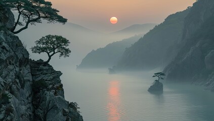 Misty sunrise over a rocky coastline with pine trees clinging to cliffs