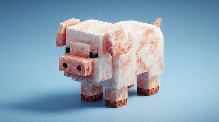 A low-poly, pixelated rendering of a pig, light pink with a textured, slightly dirty appearance, standing on a light blue background.  Its features are simplified, 
