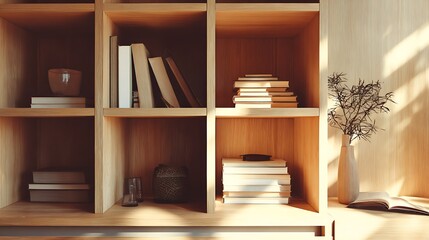 Bookshelf Interior with Books and Vase in Warm Sunlight