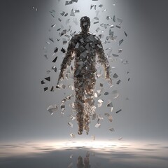 shattered identity, human silhouette made of glass shards hovering mid-air, soft cubist influence, ambient light, psychological surrealism, symbolic representation 