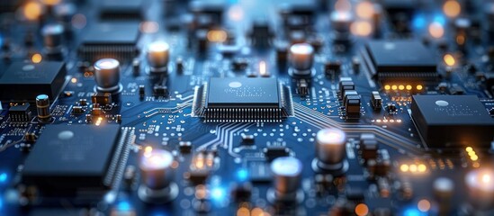 Close-up of a circuit board with a central processor chip and other electronic components.