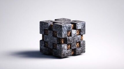 A gray stone cube, composed of smaller interconnected cubes, with tan accents filling the gaps between the larger units, casts a subtle shadow on a 