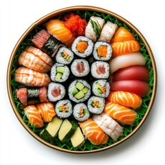 Round wooden sushi platter filled with various kinds of sushi, including nigiri, maki, and sashimi.  A variety of fish, shrimp, and vegetables are featured.  Fresh and colorful