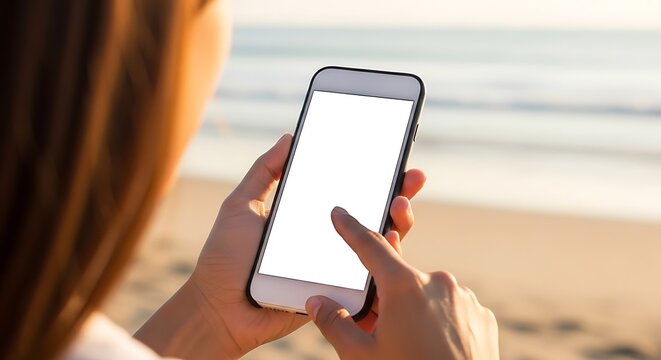Close-up of a person's hand holding and touching a smartphone screen at the beach