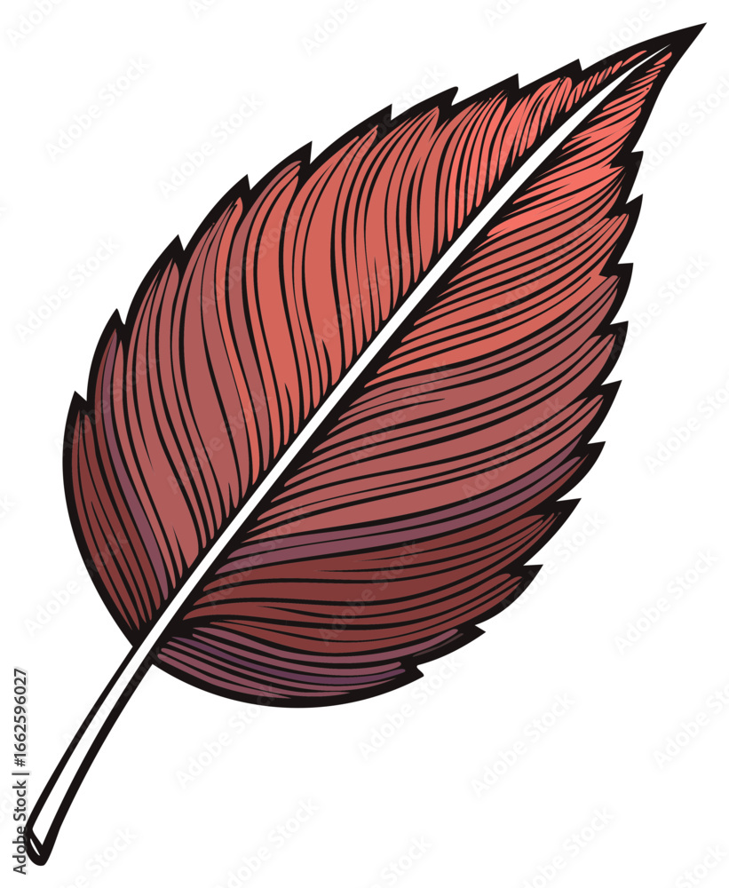 Aufkleber elegant red feather with intricate lines and jagged edges isolated on white