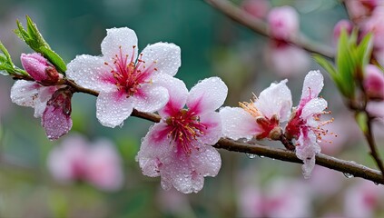Obraz premium Delicate pink peach blossoms, covered in dew drops, on a branch
