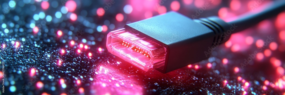 Aufkleber a 3d rendering of a glowing data cable connector on a surface of fiber optic lights. this image coul
