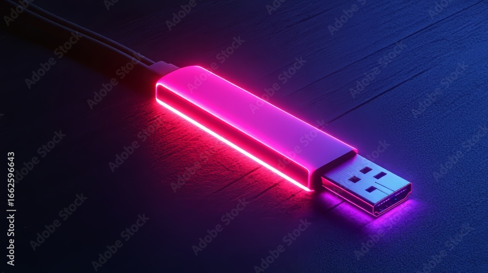 Aufkleber a neon-lit 3d rendering of a usb flash drive on a dark surface, ideal for a tech blog, data security