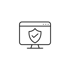 Computer monitor, shield with checkmark. Safe browsing interaction, privacy tools and secure interactions. Pixel perfect, editable stroke vector icon