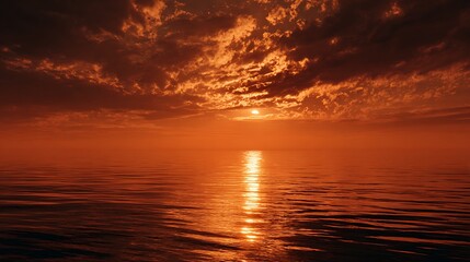 Obraz premium A cinematic photograph of a vast, tranquil ocean during the golden hour. The sky is a seamless gradient of deep orange and radiant gold, reflecting on the sea's surface like liquid bronze. The 