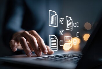 Person working on laptop with document icons overlaid