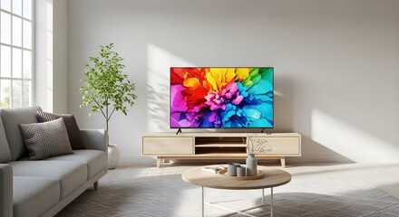 Inviting modern living room showcases vibrant smart TV display with colorful abstract art