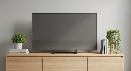 Modern living room interior showcasing television plants books on wooden cabinet design