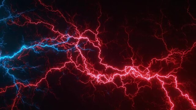 Abstract representation of vibrant blue and red lightning bolts against a dark background