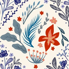 Fototapeta premium Autum Winter Pattern Background Illustration For Cover, Banner, Notes. Fall Winter Aesthetic Background. Plant And Flower Pattern Background.