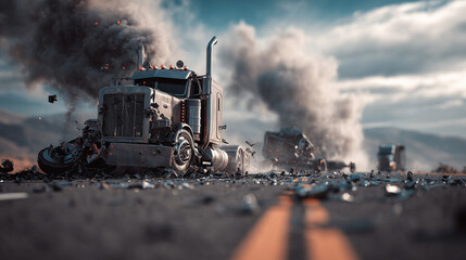 Highway Accident Scene – Damaged Semi-Truck with Debris and Smoke on Asphalt Road Copy Space