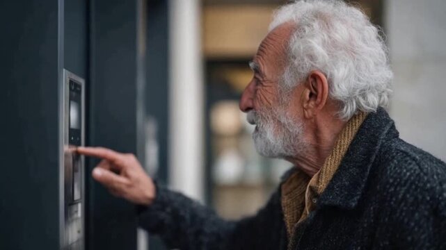 Elderly Gentleman Pushing Intercom Button: An intimate portrait of a senior citizen with a weathered face and kind eyes, pressing the button on a sleek intercom system, offering a story of connection.