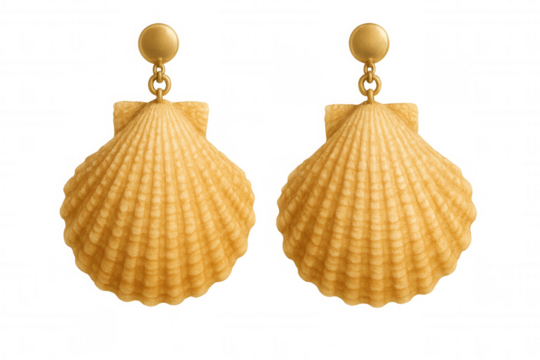 Shimmering golden seashell-shaped earrings gleaming against transparent backdrop, highlighting delicate marine-inspired jewelry design