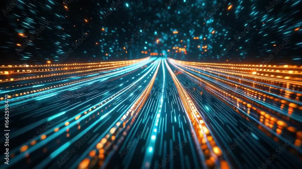 Poster futuristic digital stream of glowing blue and orange lines evokes vibrant speed and motion, creating