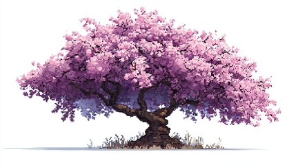 Fototapeta premium Pixelated cherry tree in full bloom with pink flowers, isolated on white