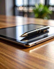 Tablet and pen on wooden table