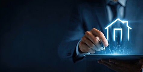 Businessperson drawing a house icon on a tablet