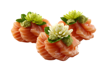 Exquisite salmon sashimi presentation with floral accents against a transparent backdrop