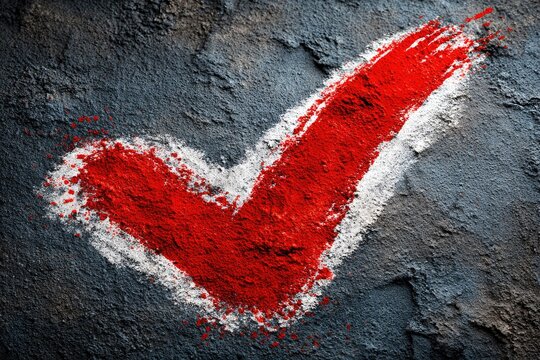 Red checkmark painted on rough, textured grey surface