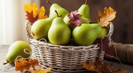Fresh green pears in a basket of autumn leaves still life healthy fruit, harvest season food photo