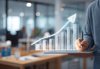 A person holding a tablet, drawing a growing graph on a digital screen.  The background is a modern office environment