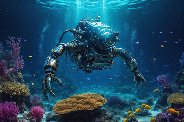 Underwater Exploration Robot in Coral Reef. Generative AI.