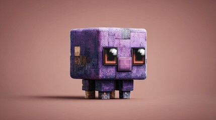 A purplish-grey, cube-shaped creature with small legs and large, expressive eyes, rendered in a style reminiscent of voxel art, stands against a muted 
