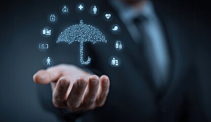 A hand, seemingly holding a translucent umbrella shaped like connected dots, with various health-related icons circling it