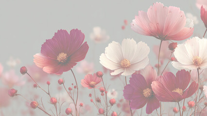 Field of Beautiful Blooming Cosmos Flowers in Pink, Red, and White